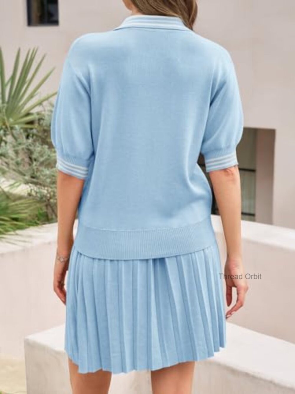 2 Piece Skirt Set: Knit Sweater Top & Pleated Mini Skirt, Lounge Set - Picture 5 of 7